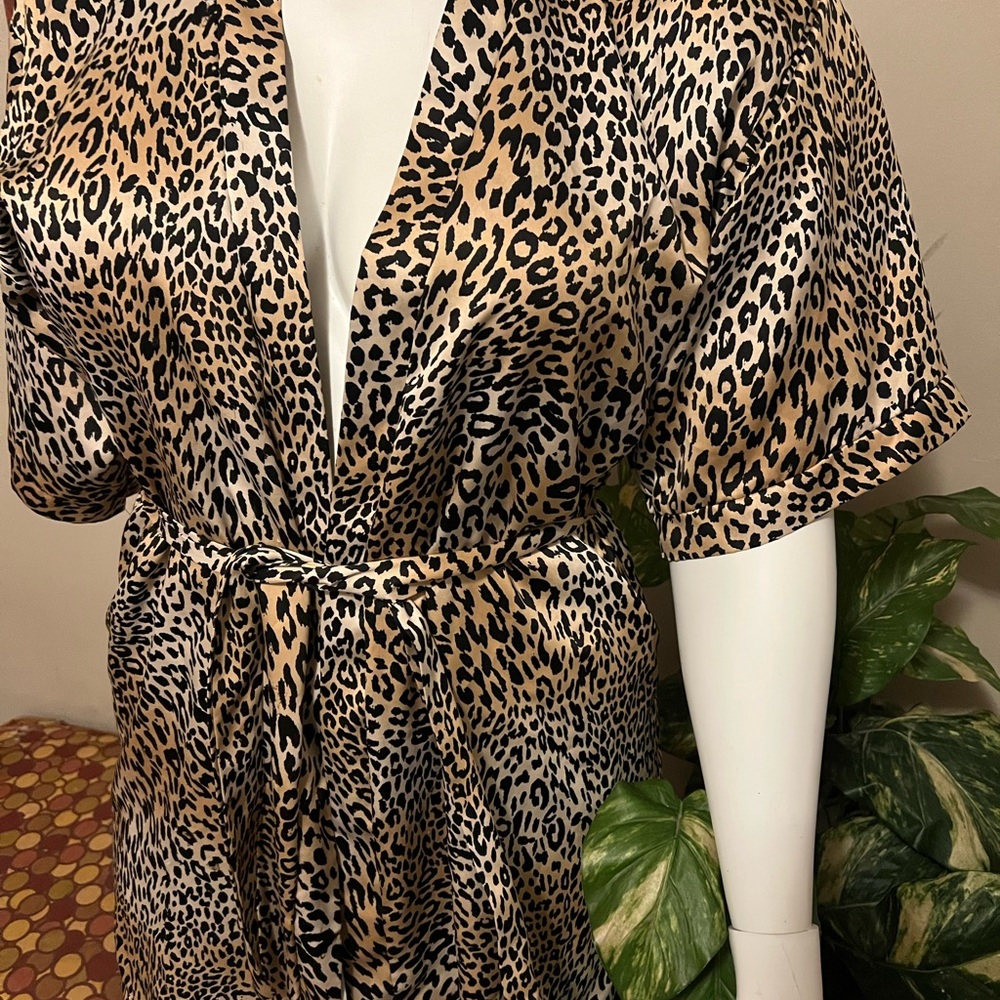 Leopard Print Satin Kimono Robe